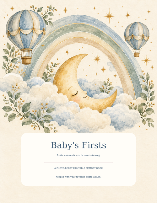 Baby's Firsts blue memory book cover with watercolor rainbow, sleeping moon, clouds and hot air balloons