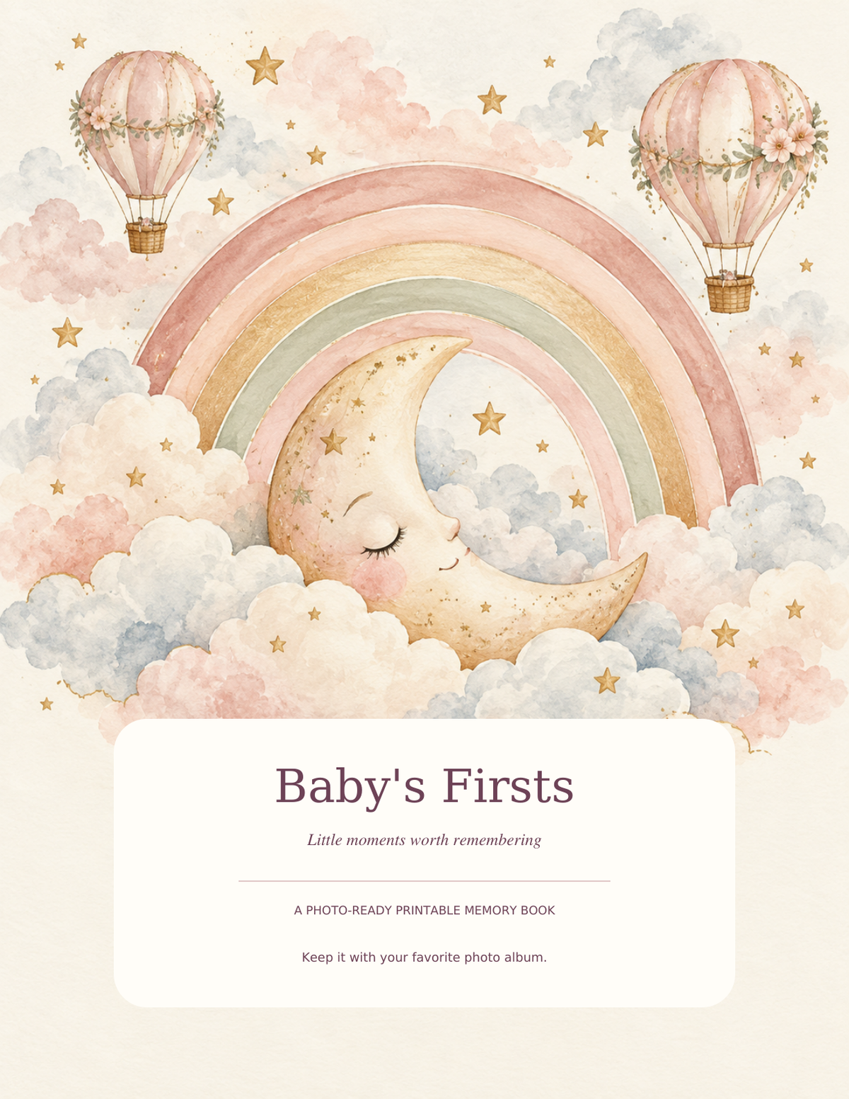 Baby's Firsts memory book with a watercolor blush rainbow, sleeping moon, clouds, and hot air balloons