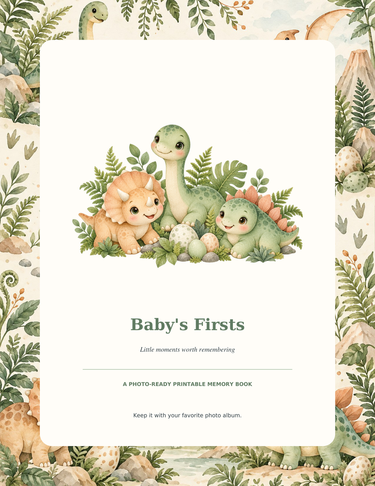 Baby's Firsts dinosaur memory book cover with watercolor baby dinosaurs in sage and terracotta