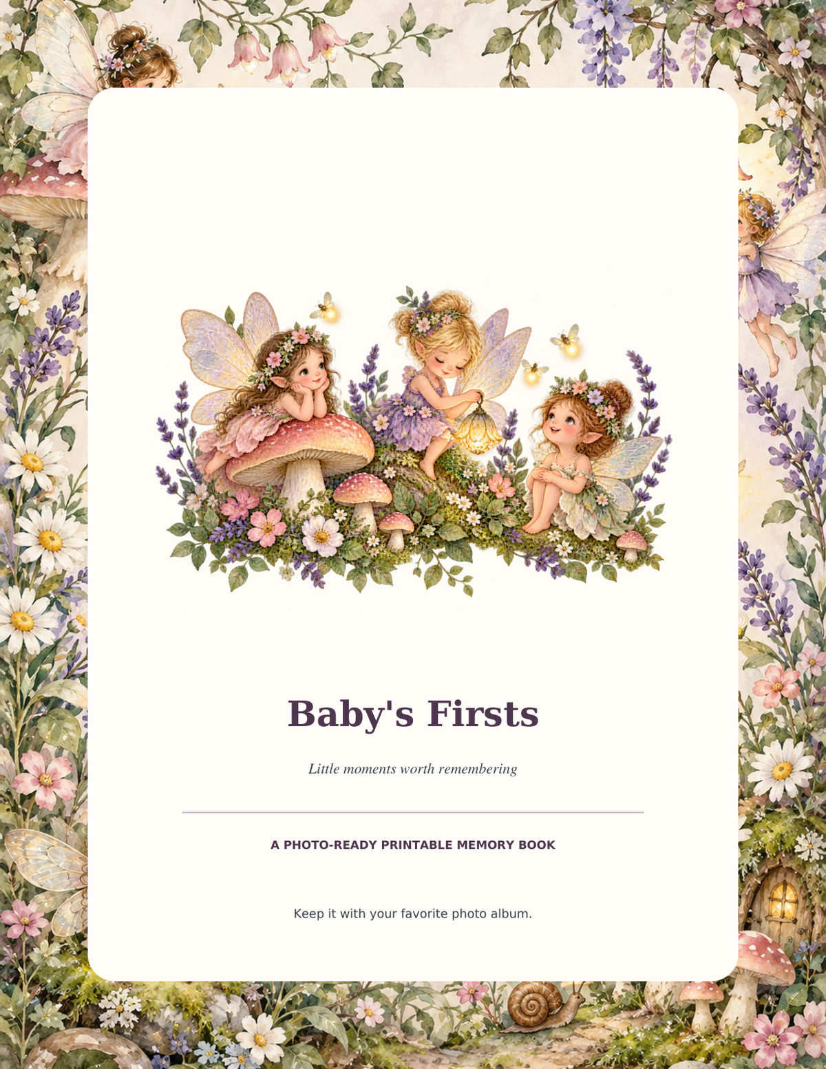 Baby's Firsts printable memory book cover with watercolor fairies, flowers and a fairy garden