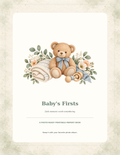 Baby's Firsts memory book cover with a watercolor teddy bear, cream paper and soft sage accents