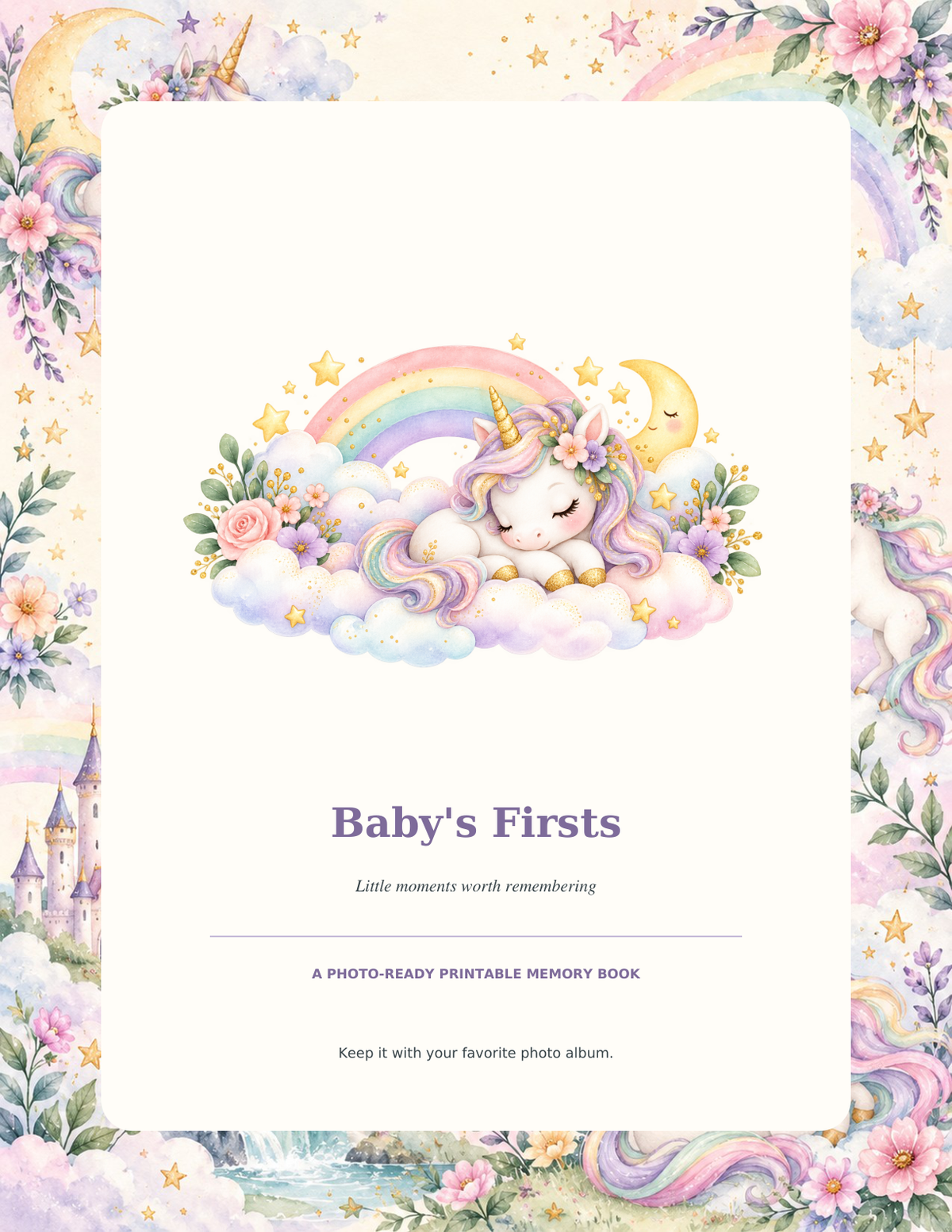 Baby's Firsts printable memory book cover with a watercolor unicorn, rainbow and pastel flowers