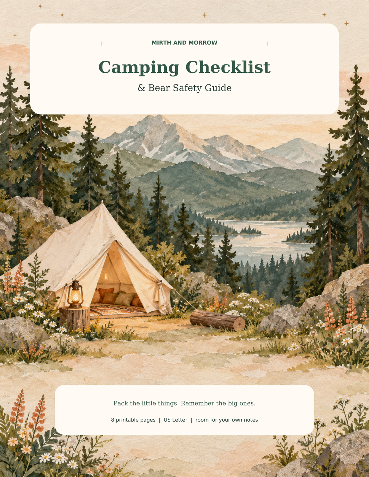 Watercolor tent and mountain lake cover for Camping Checklist and Bear Safety Guide