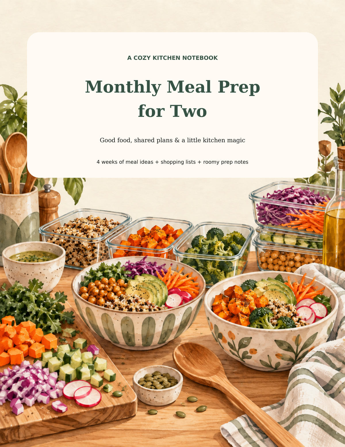 Illustrated kitchen-themed Monthly Meal Prep for Two printable planner