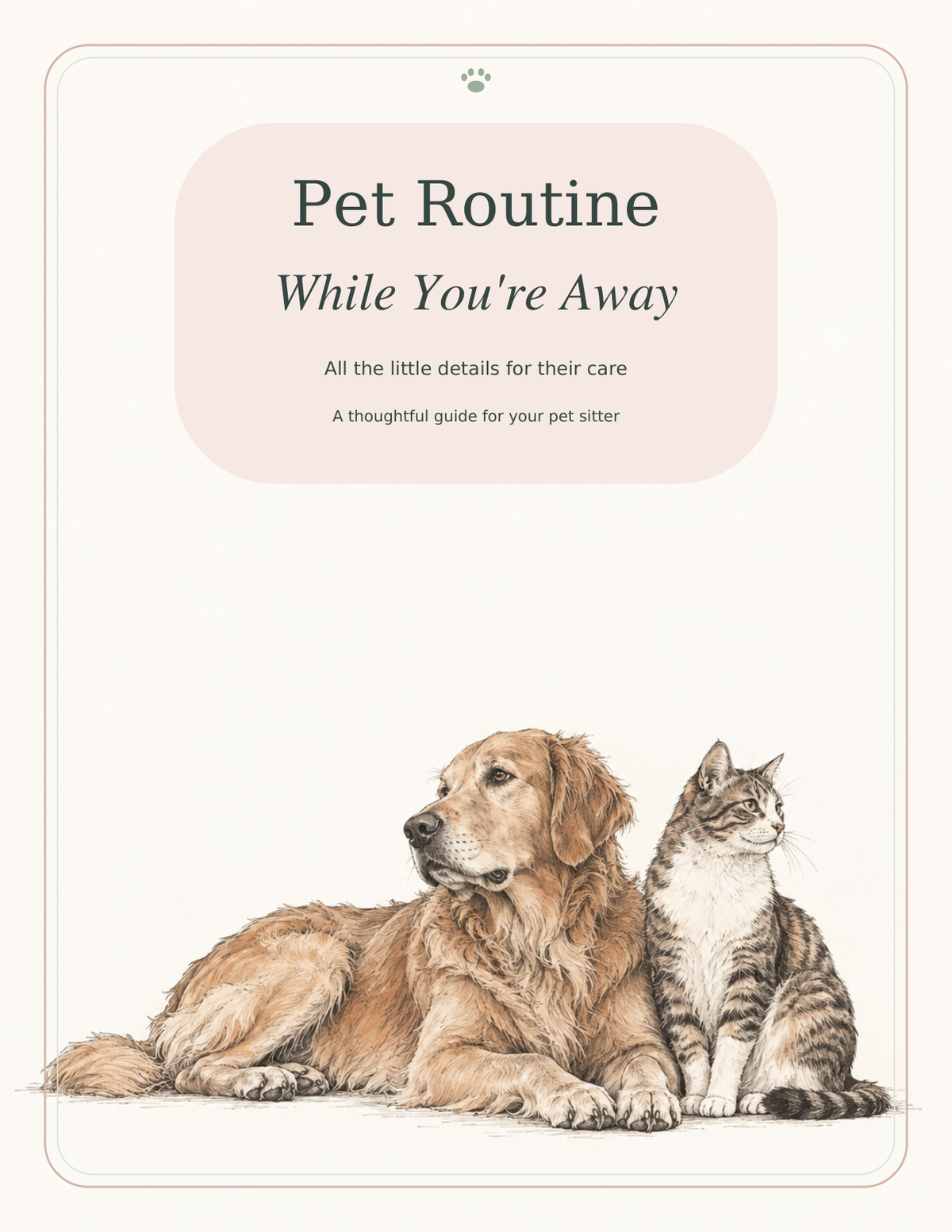 Pet Routine While You're Away planner cover with natural dog and cat sketches and a soft blush title panel